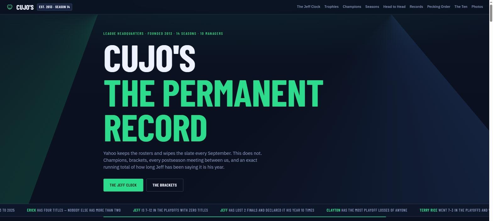 Cujo's league page: the hero reading The Permanent Record, with the league ticker beneath