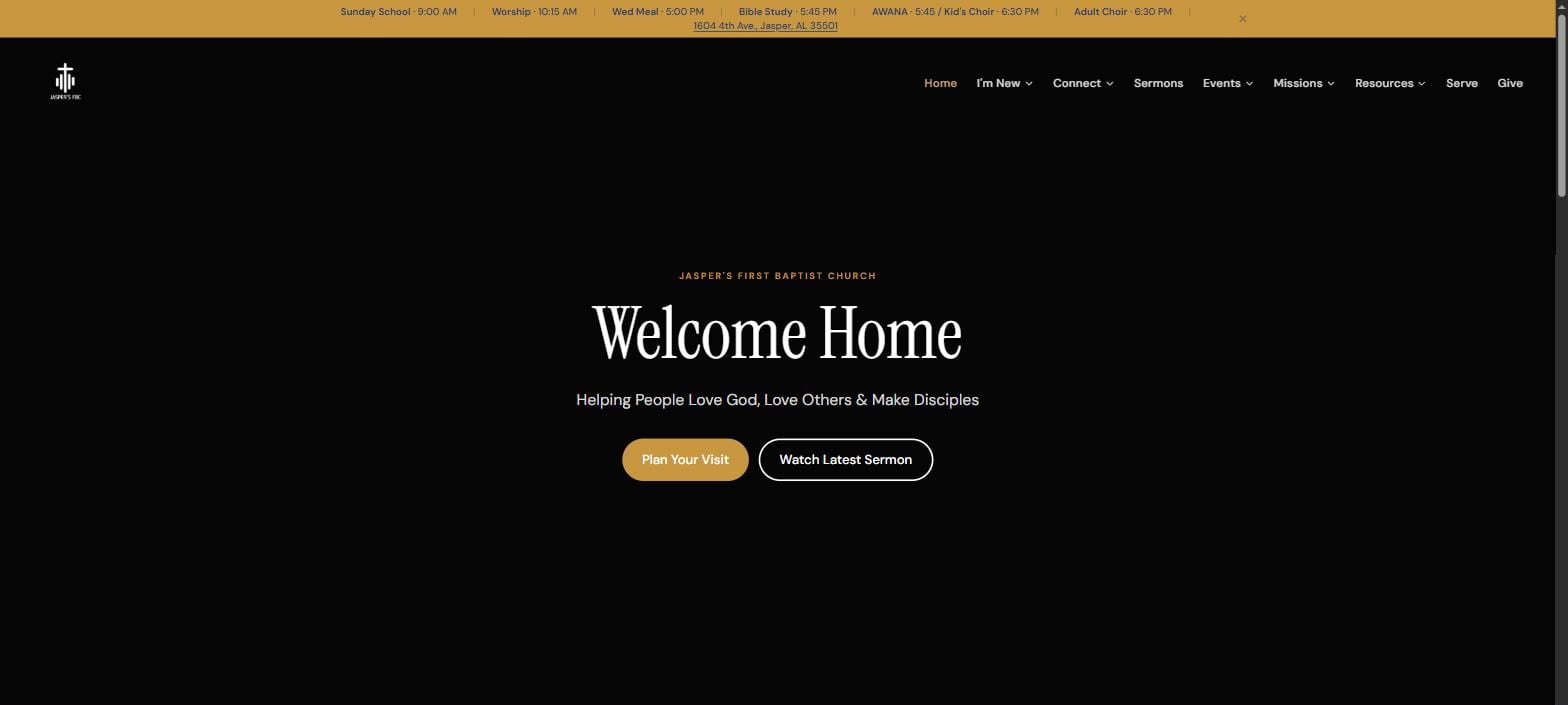 Jasper's First Baptist Church homepage with service times and a 'Welcome Home' hero