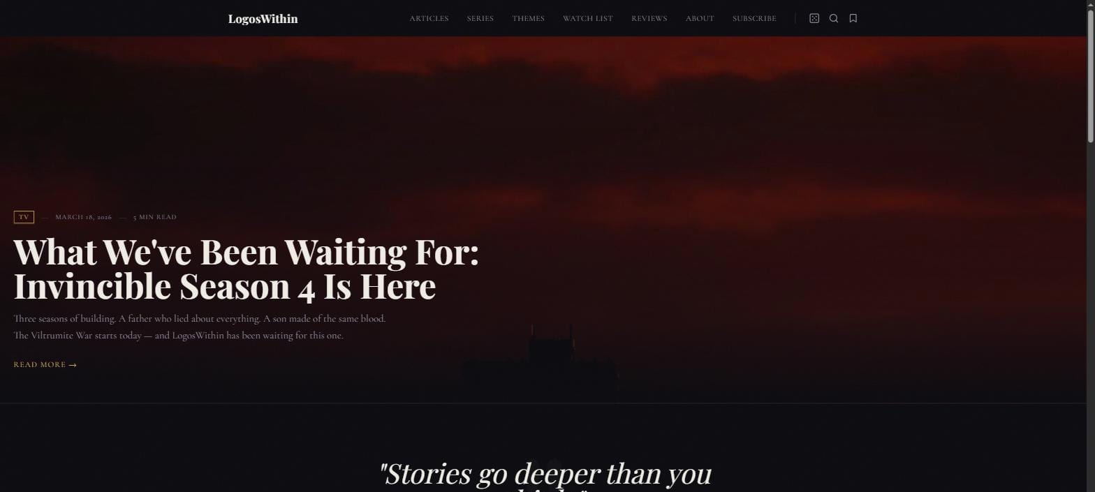 LogosWithin homepage featuring the movie reflection on Invincible Season 4