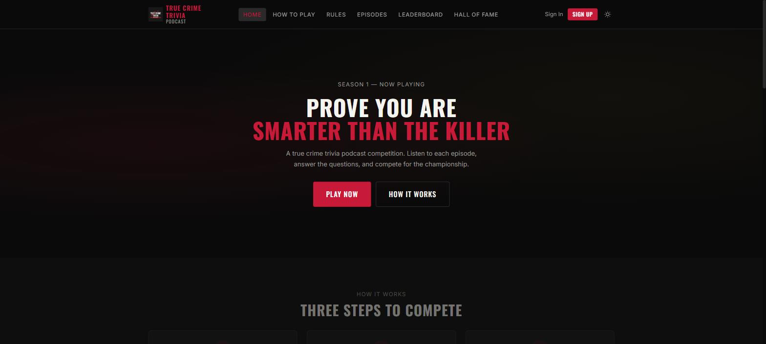 True Crime Trivia homepage showing the leaderboard and episode entry